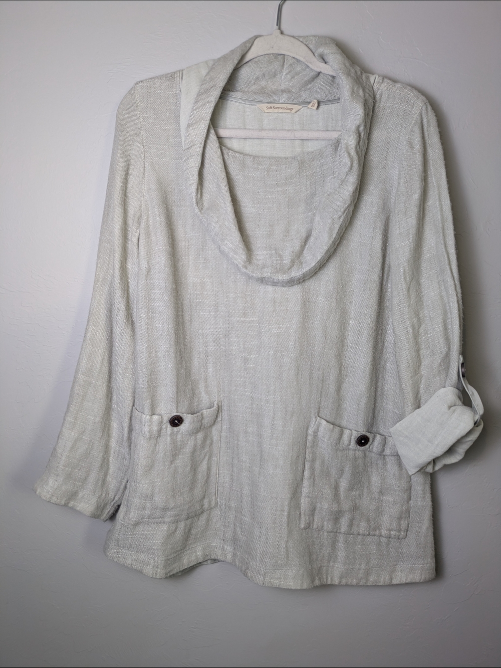 Soft Surroundings Cream Linen Cowl Neck Tunic Wood Button PrairieCore Oversized